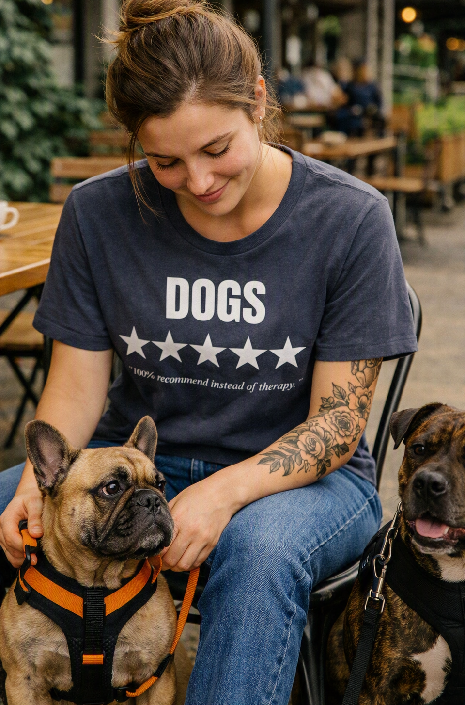Dogs 5 Stars Women's T-Shirt by Snorties featuring a playful 5-star graphic on a casual cotton tee