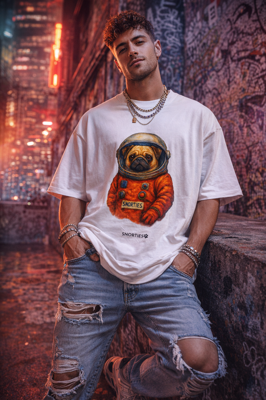 Gray oversized T-shirt featuring a playful pug dressed as an astronaut, from Snorties.