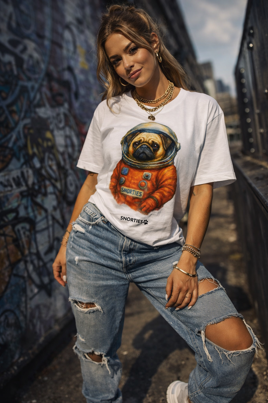 Women's Pug Astronaut T-shirt by Snorties featuring a cute pug dressed as an astronaut on a space-themed background.
