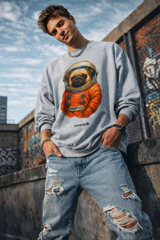 Snorties pug astronaut sweatshirt featuring a cute pug in a space helmet and astronaut suit on a dark background.