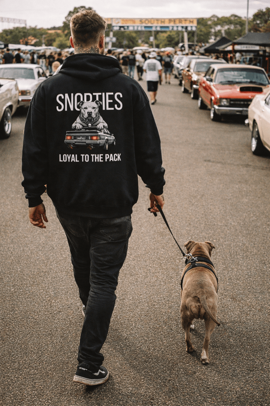 Snorties Staffy VK Commodore hoodie featuring a graphic of a Staffy dog and a Commodore car on the front, casual streetwear style