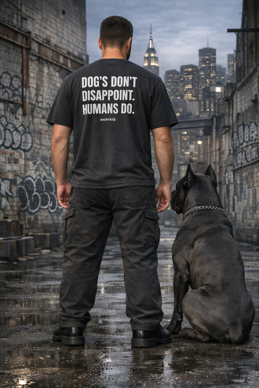 Oversized Snorties Dogs Don't Disappoint T-Shirt featuring playful dog graphic on soft cotton fabric.