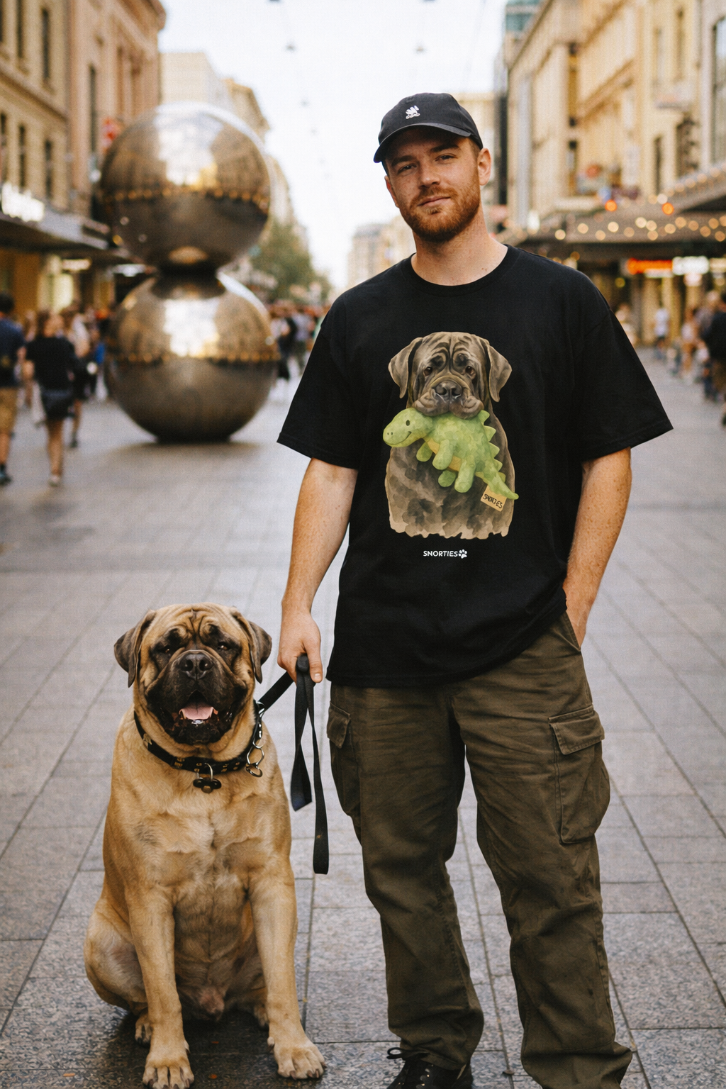 Snorties Neo Mastiff Dino oversized T-shirt featuring a colorful dinosaur graphic on a comfortable casual fit.