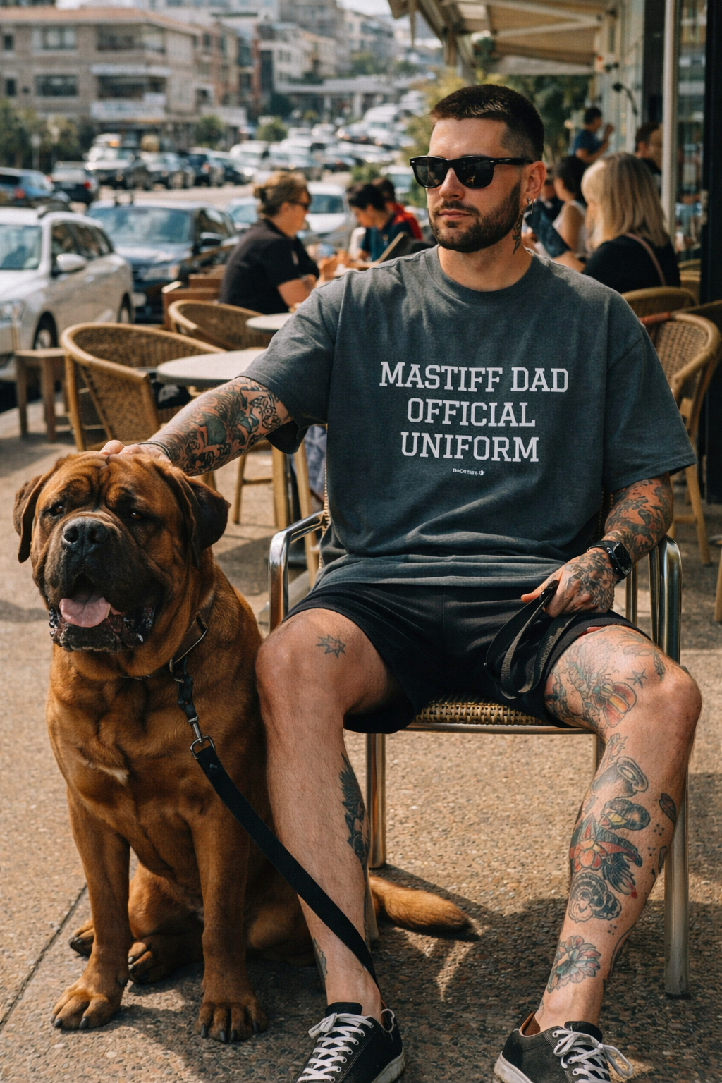 Snorties Mastiff Dad oversized T-shirt featuring a bold graphic design, perfect for dog lovers and Mastiff enthusiasts.