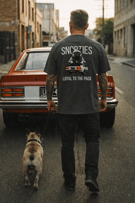 Snorties Frenchie A9X T-Shirt featuring a stylish French Bulldog graphic on a casual black t-shirt.
