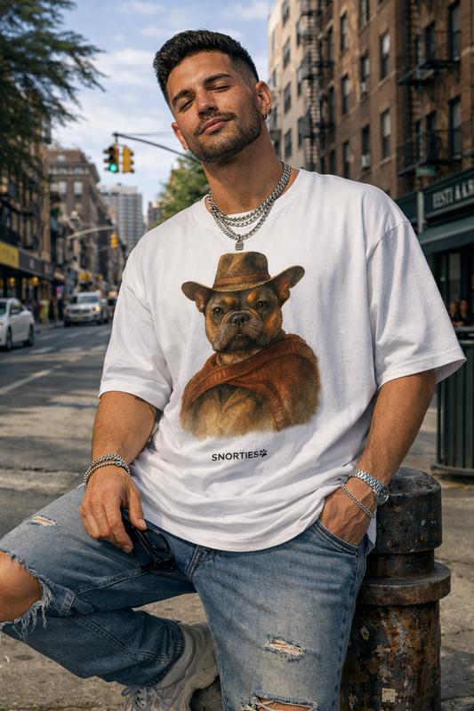 French Bulldog cowboy oversized T-shirt by Snorties featuring a cute Frenchie dog with cowboy hat and Western style graphic.