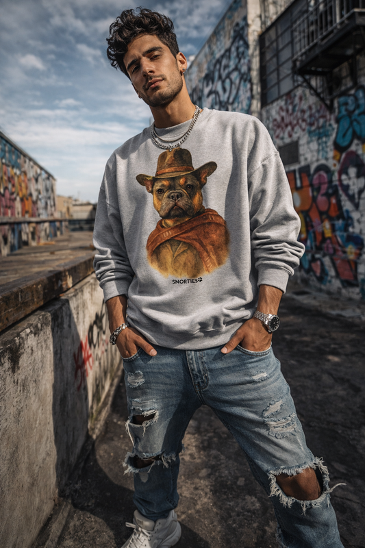 French Bulldog cowboy sweatshirt by Snorties featuring a cute dog design on soft fabric.