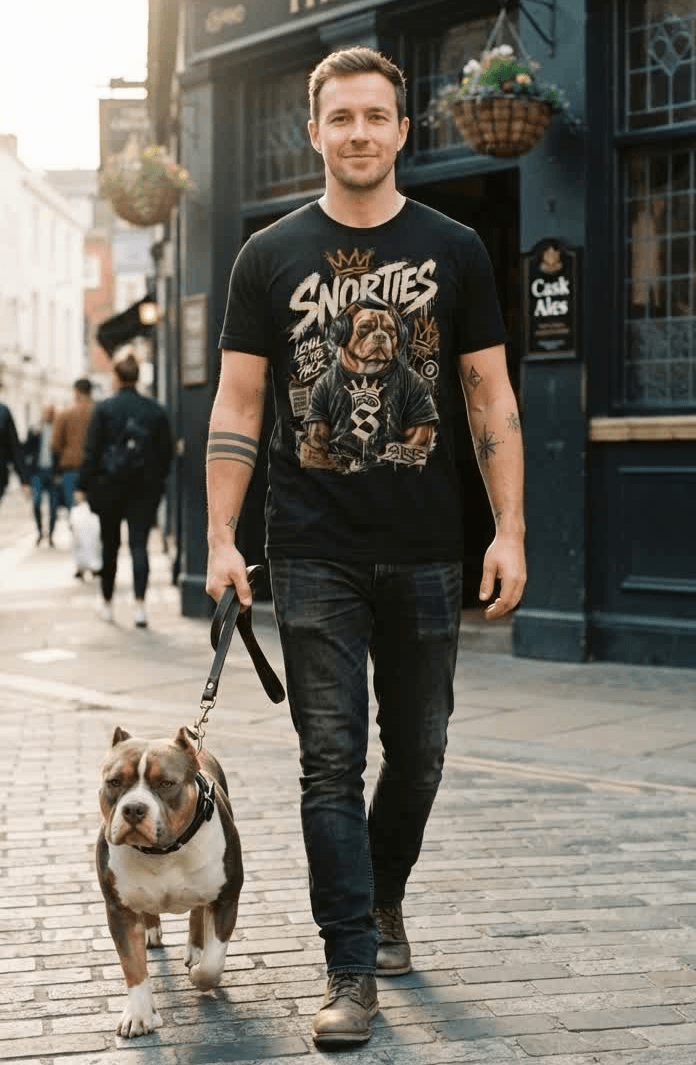 Snorties Bully DJ T-shirt featuring a bold graphic of a DJ Bully in a streetwear style on a black fabric background.