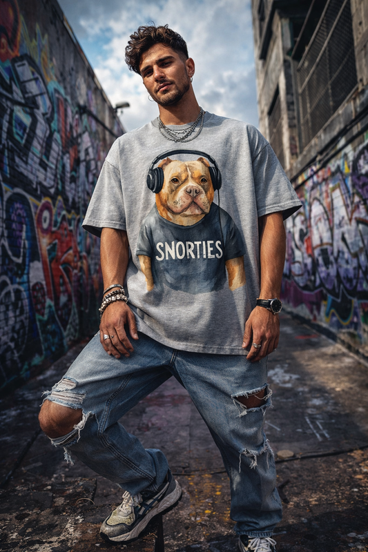 American Bully DJ oversized T-shirt by Snorties featuring bold DJ graphic and relaxed fit on a white background.