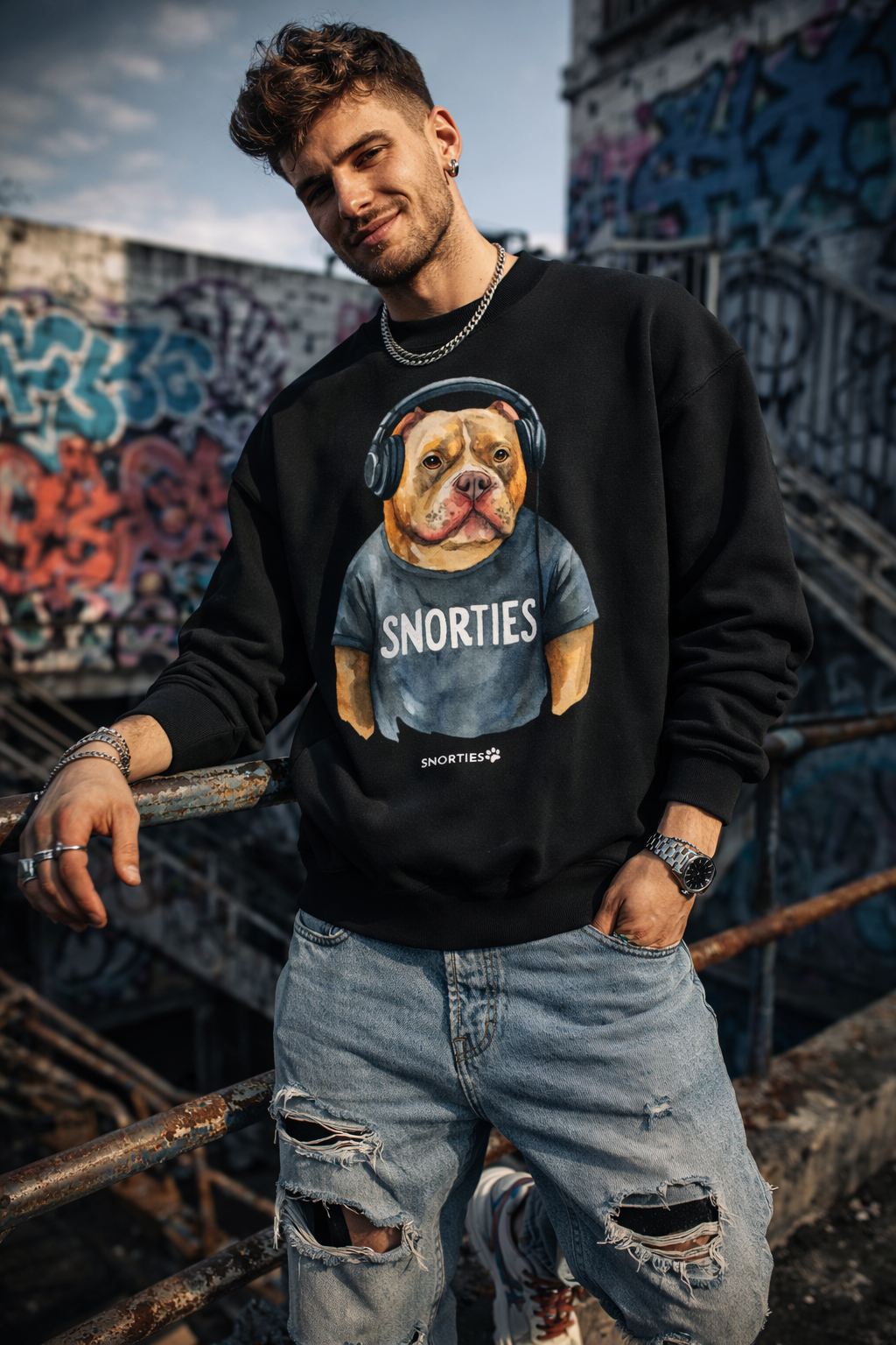 American Bully DJ sweatshirt by Snorties featuring a graphic design with bold colors and comfortable fabric.