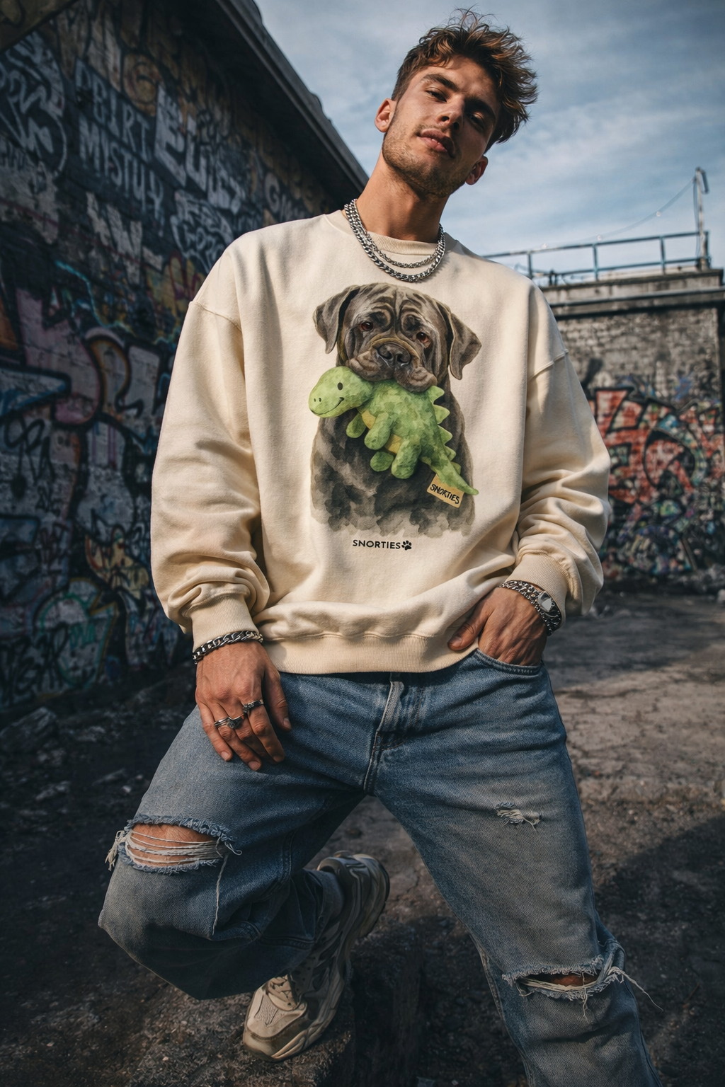 Neo Mastiff Dino sweatshirt featuring a playful dinosaur graphic, made by Snorties, displayed on a plain background.