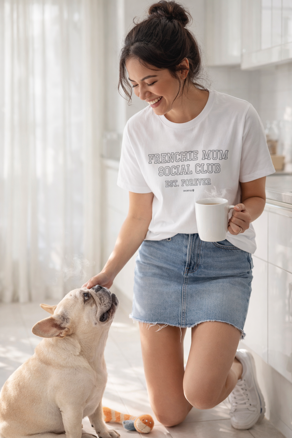 Frenchie Mum women's T-shirt featuring a dog mom club graphic, stylish and comfortable casual wear by Snorties.