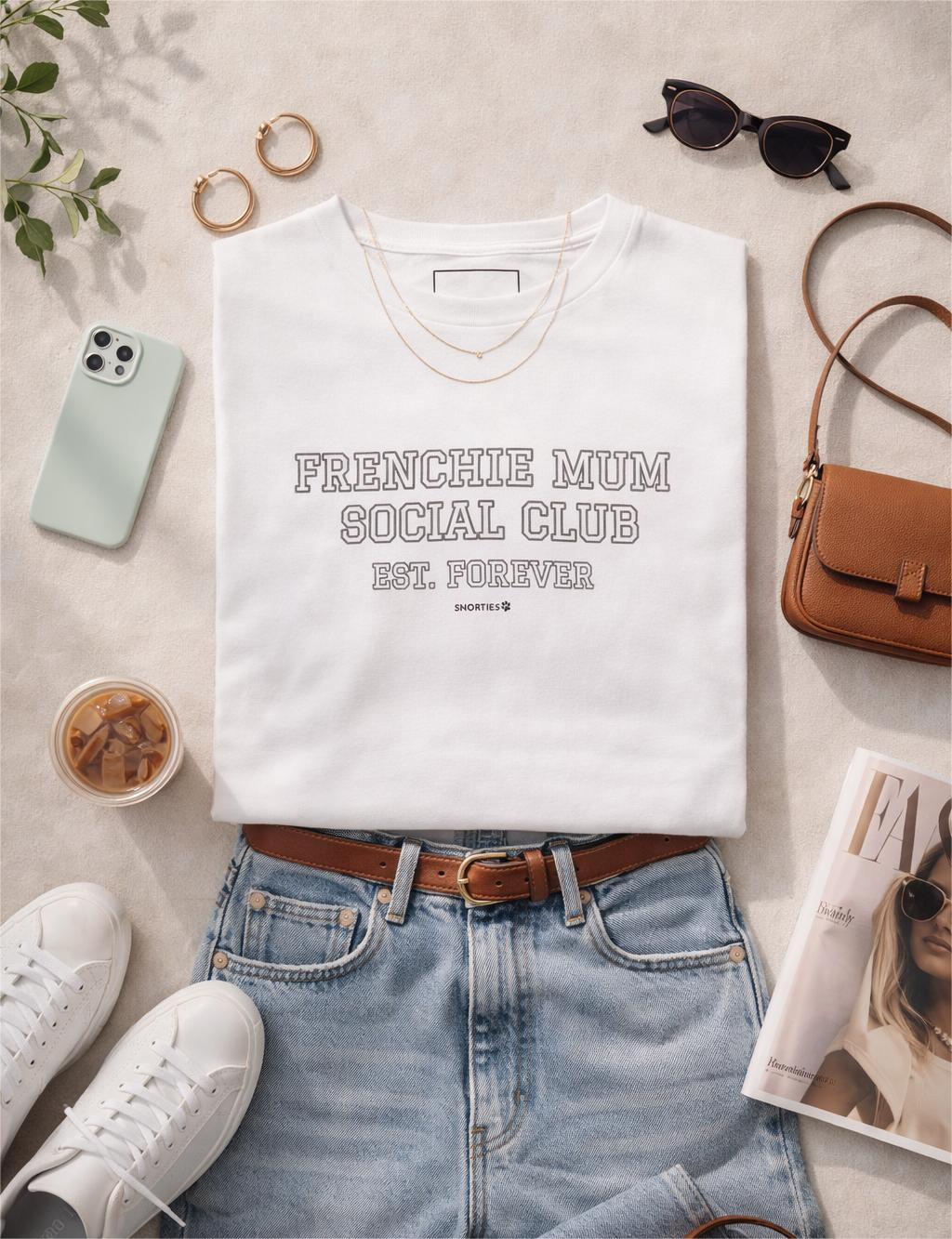 Frenchie Mum women's T-shirt by Snorties featuring a stylish French Bulldog design on a casual tee.