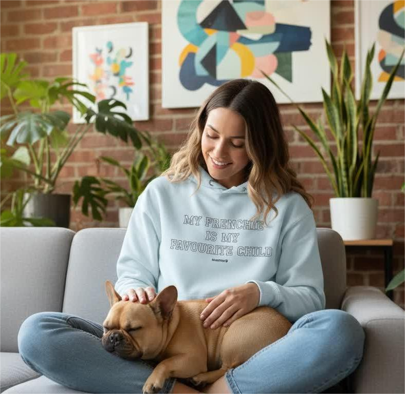 Pink hoodie featuring "My Frenchie is my favourite child" text, by Snorties, with a cozy fit and stylish design.