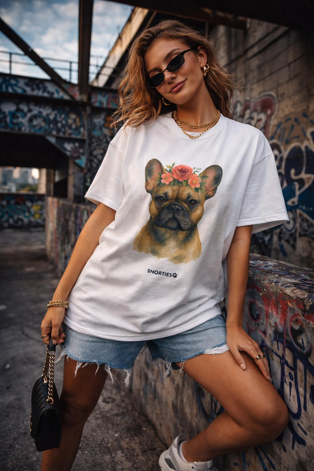 French Bulldog floral oversized T-shirt by Snorties featuring a colorful floral print on soft fabric.