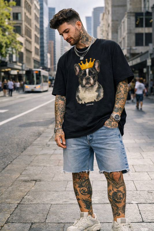 French Bulldog King oversized T-shirt by Snorties featuring a cartoon Frenchie wearing a crown and royal attire.