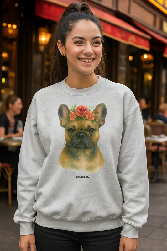 French Bulldog floral sweatshirt by Snorties featuring a cute Frenchie dog print on soft fabric.