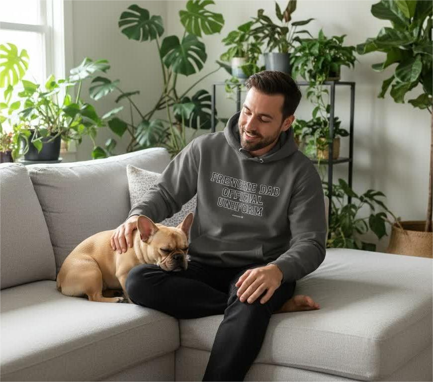 Frenchie Dad official uniform hoodie by Snorties, featuring a comfortable black hoodie with French Bulldog graphics and logo.