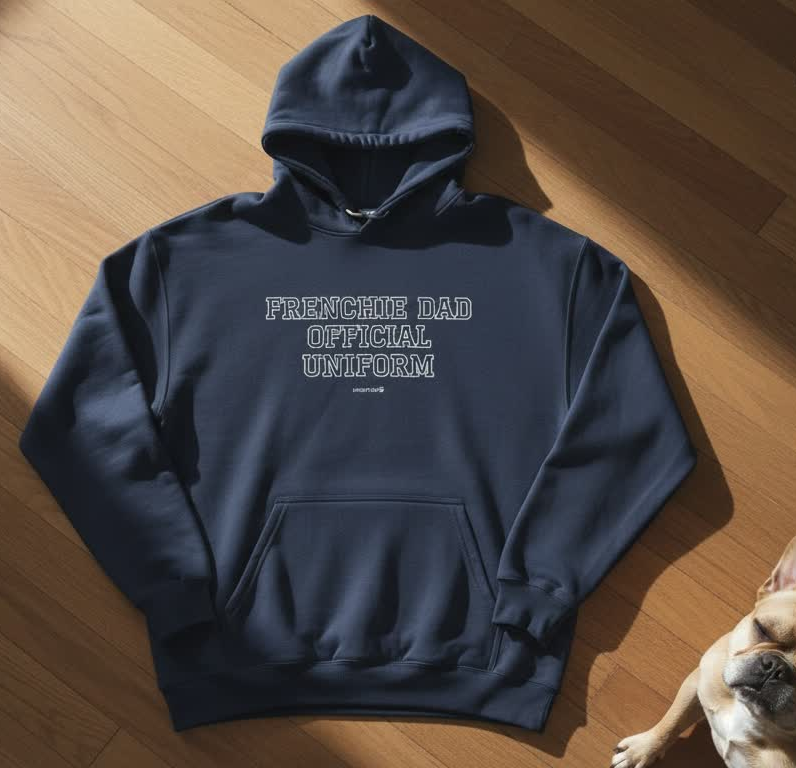 Snorties Frenchie Dad hoodie featuring a comfortable, casual uniform design with French bulldog-themed print in black and gray.