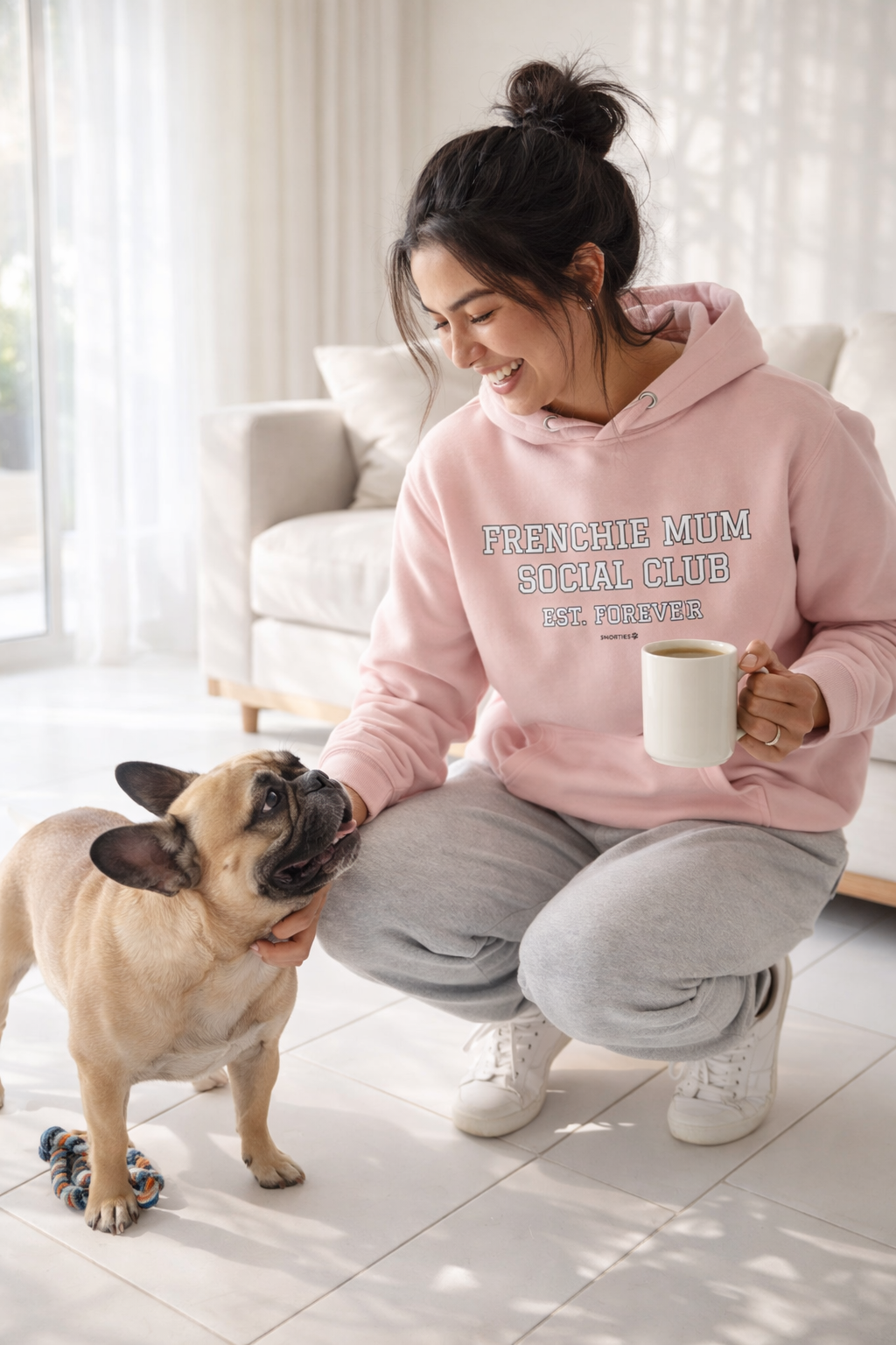 Snorties Frenchie Mum Social Club hoodie featuring a stylish design with French Bulldog graphics on a comfortable black sweatshirt.