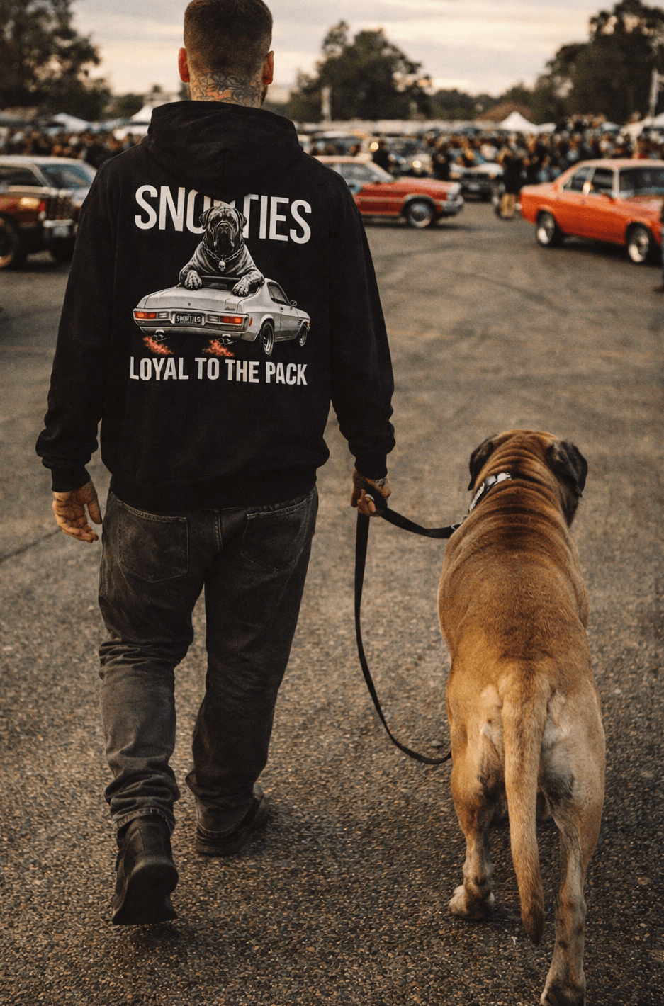 Snorties Mastiff HQ Monaro hoodie showing a stylish hoodie with Mastiff dog graphic and Monaro design on the front.