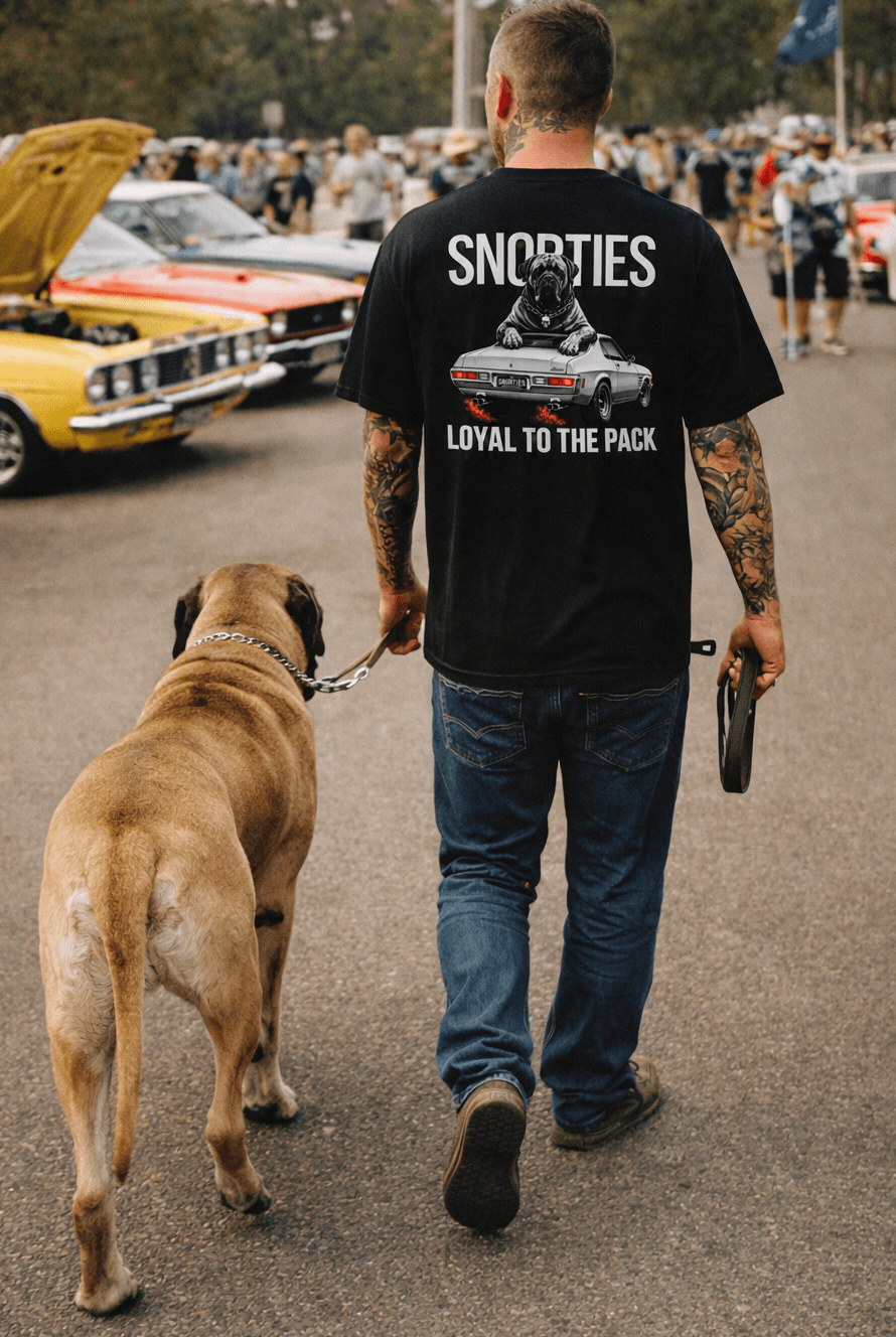 Snorties Mastiff HQ Monaro T-shirt featuring a detailed graphic of a Mastiff dog and Monaro car design on a comfortable T-shirt.