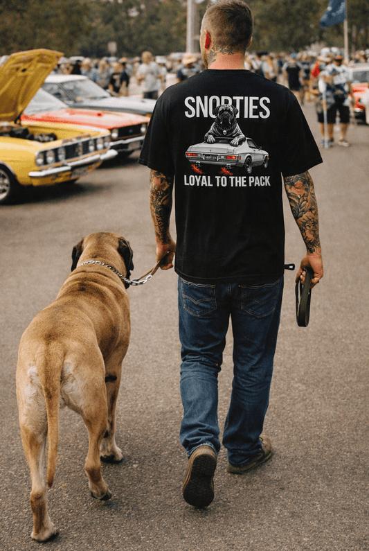 Snorties Mastiff HQ Monaro T-shirt featuring a detailed graphic of a Mastiff dog and Monaro car design on a comfortable T-shirt.