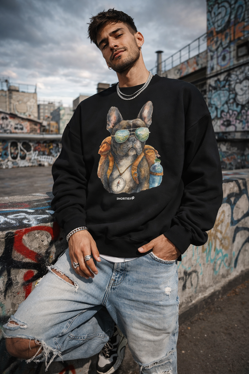 French Bulldog Holly Hiker sweatshirt by Snorties featuring a cute Holly graphic on soft fabric.