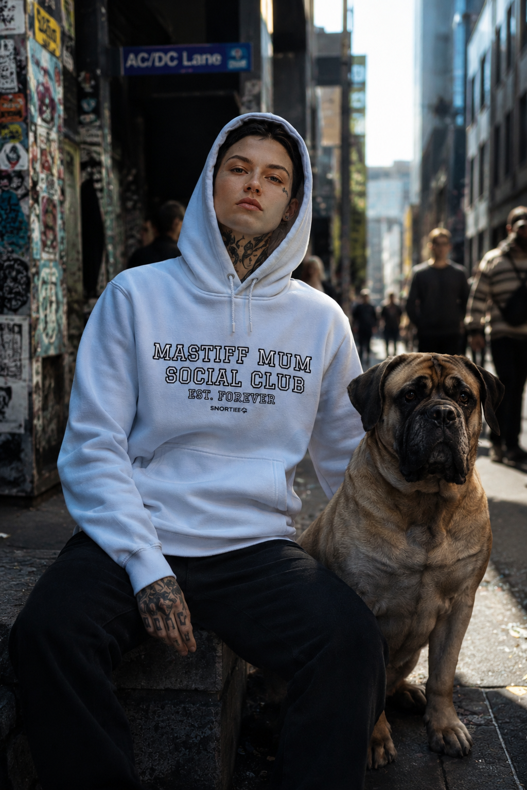 Snorties Mastiff Mum hoodie featuring a comfortable fit and a graphic design of a Mastiff dog on the front.