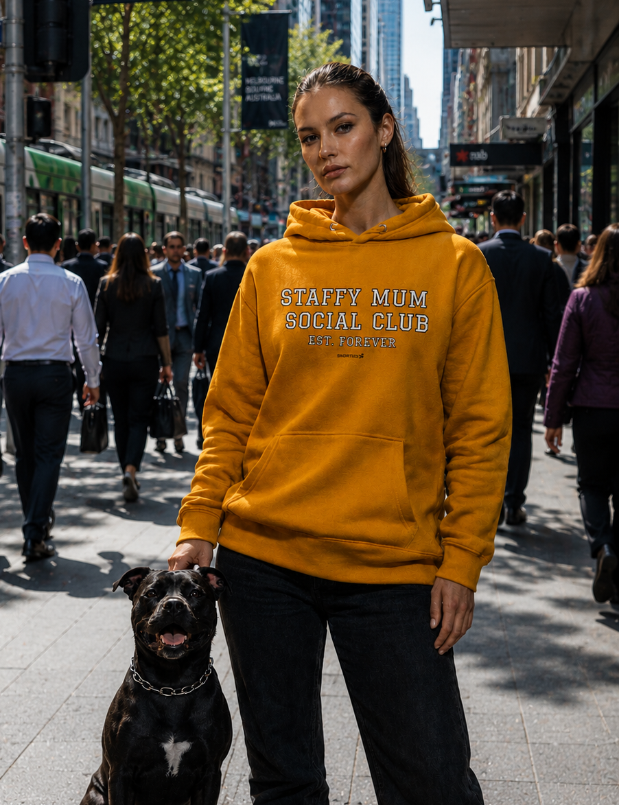 Snorties Staffy Mum hoodie featuring a Staffy dog illustration and comfortable fabric, designed for Staffy dog lovers.