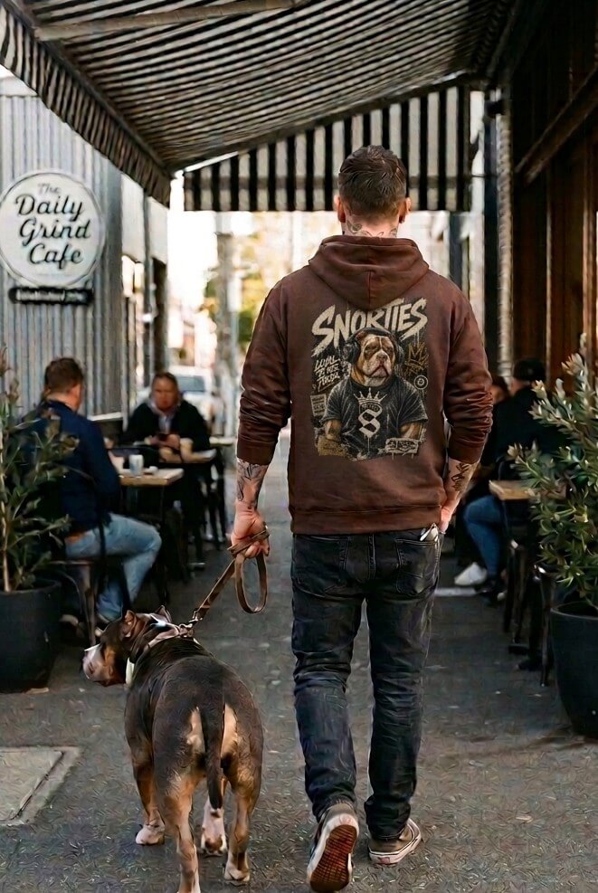 Snorties Bully DJ hoodie in black, featuring bold graphic design, worn as casual streetwear.