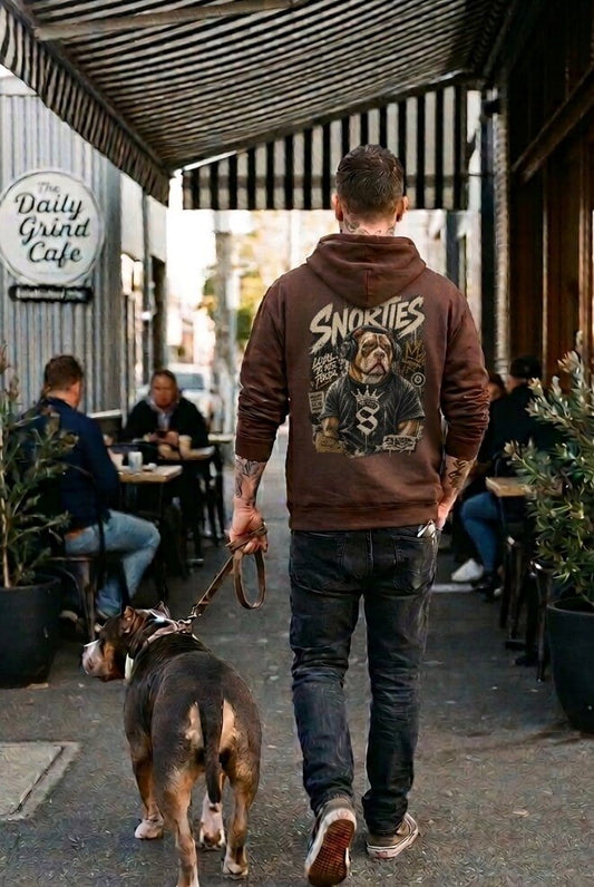 Snorties Bully DJ hoodie in black, featuring bold graphic design, worn as casual streetwear.