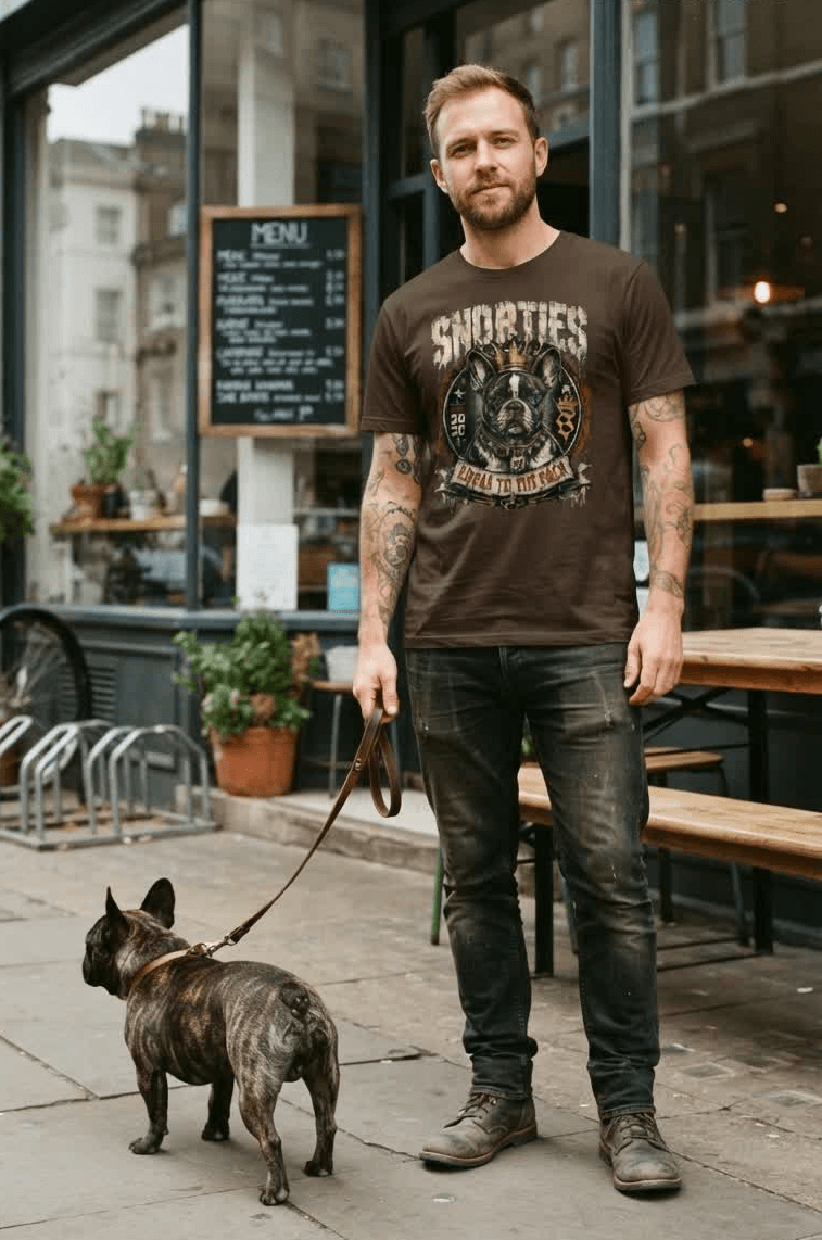 Snorties King Frenchie T-shirt featuring a stylish French Bulldog graphic, casual streetwear tee in a vibrant design.