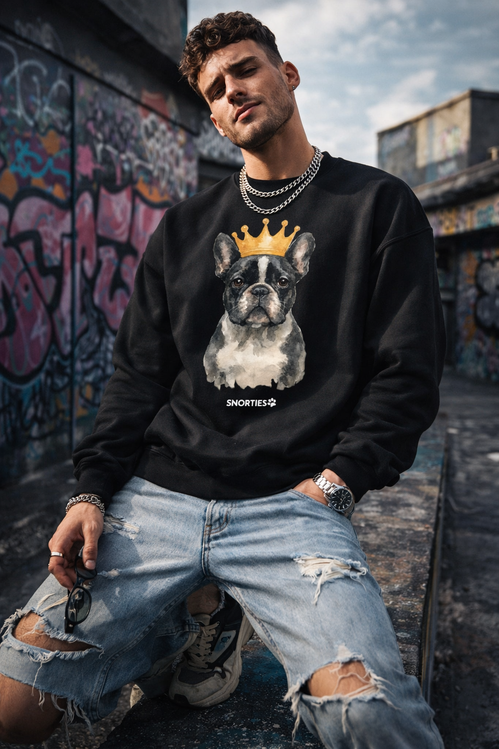 French Bulldog king sweatshirt by Snorties featuring a regal dog graphic on cozy fabric.