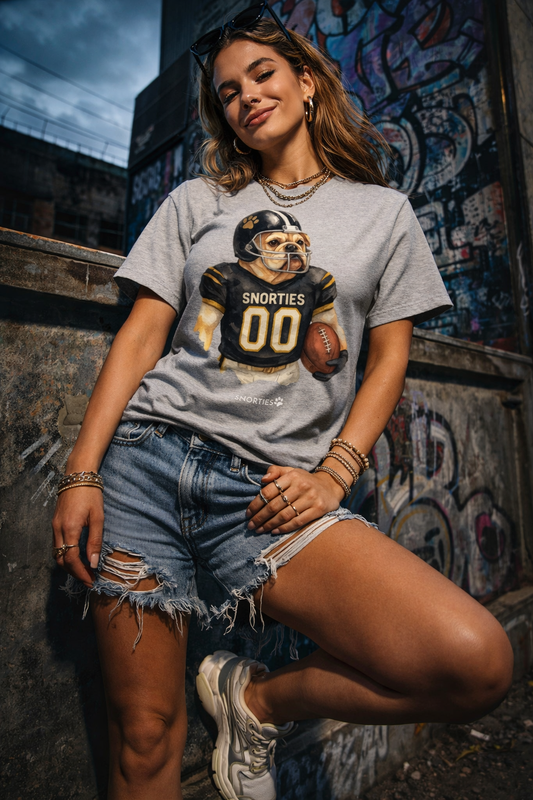 American Bulldog MVP women's T-shirt by Snorties featuring a bold graphic of an American Bulldog MVP dog on the front.