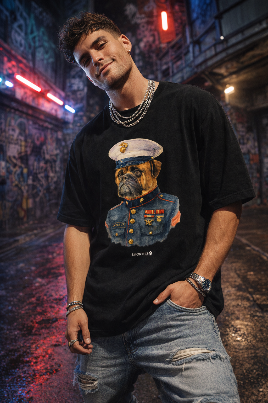 Snorties Mastiff Marine oversized T-shirt featuring a maritime-themed Mastiff dog graphic on a navy background.