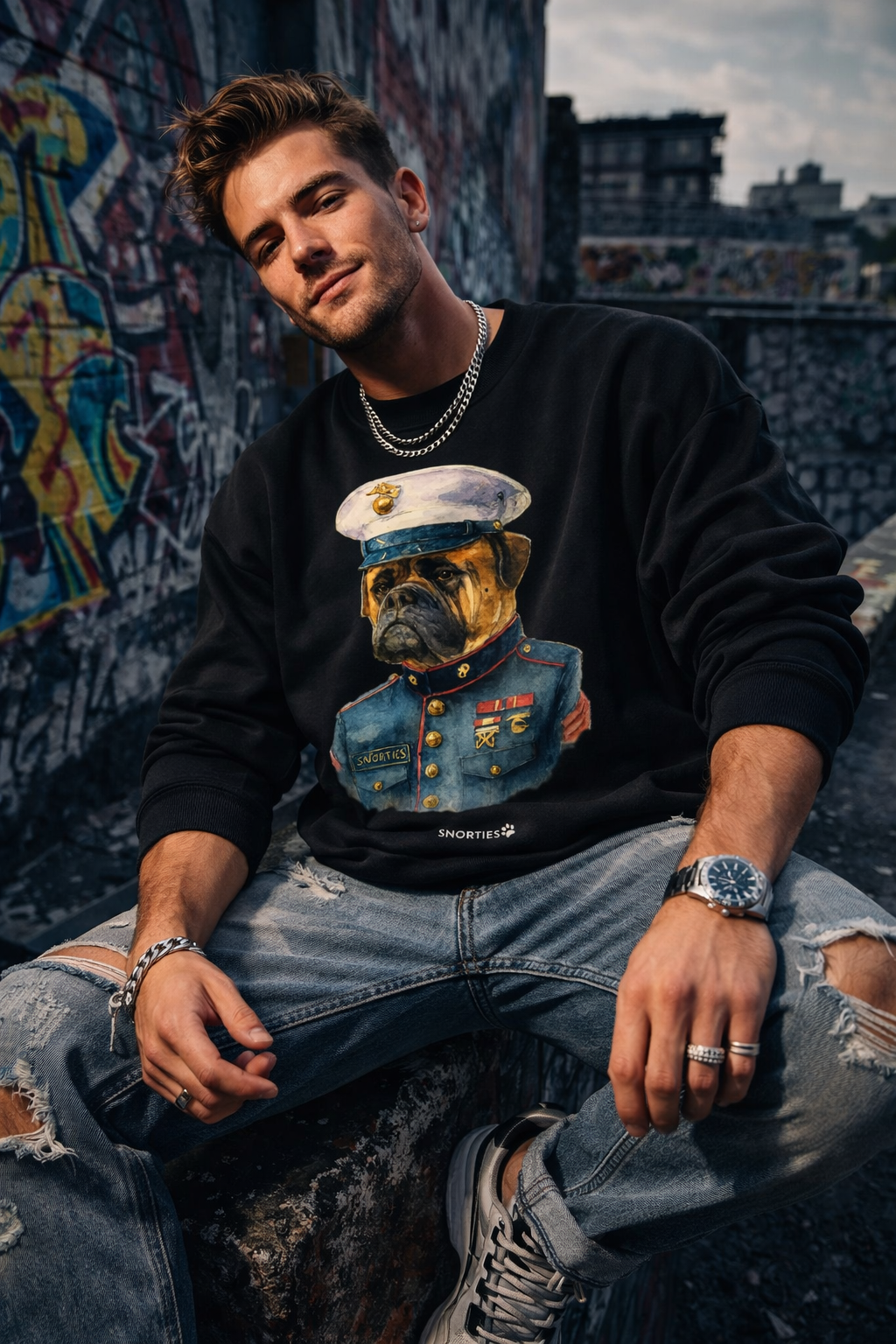 Snorties Mastiff Marine sweatshirt featuring a navy blue design with a muscular mastiff dog illustration.