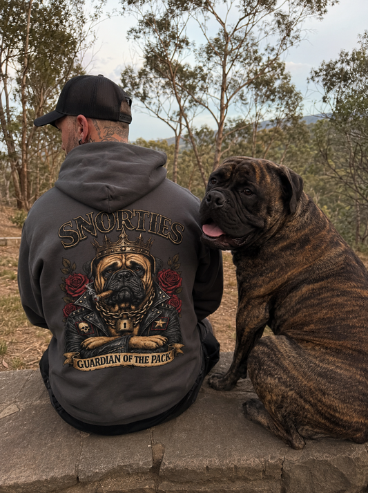 Snorties Mastiff Hoodie featuring a guardian-themed design from the Snorties Inked Collection, showcasing a detailed mastiff illustration.