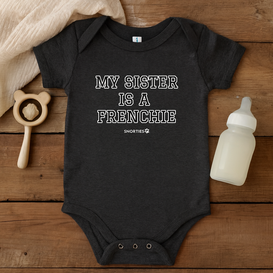 Snorties My Sister Babies one-piece romper for infants, featuring a cute and comfortable design with playful graphics.