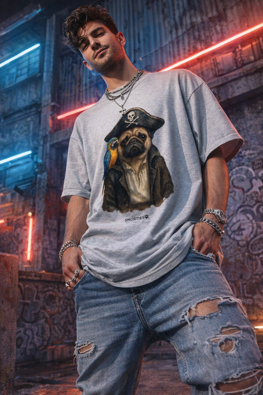 Snorties Pug Pirate oversized T-shirt featuring a playful pug dressed as a pirate with a pirate hat on a white background.