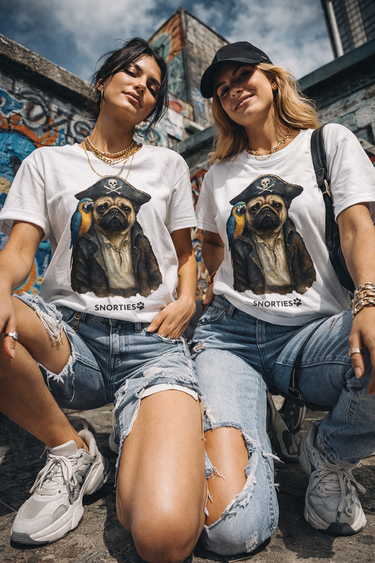 Pink Pug Pirate Women's T-Shirt by Snorties featuring a cute pug dressed as a pirate with skull and crossbones design.