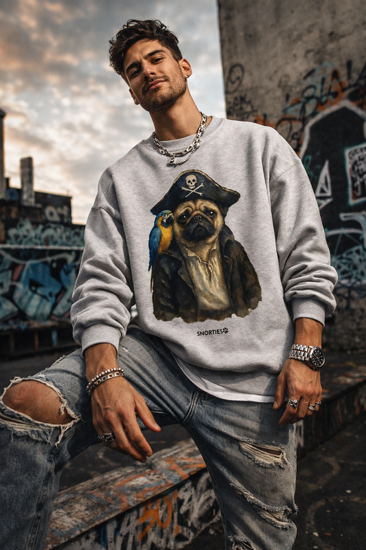 Snorties Pug Pirate sweatshirt featuring a cute pug dressed as a pirate with eye patch and pirate hat on a cozy fabric background