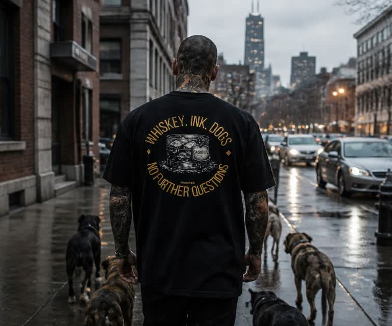 Snorties Whiskey Ink Dogs oversized T-shirt featuring a graphic print of dogs and whiskey-themed artwork on the back.