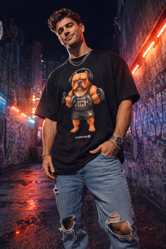 Snorties Pocket Bully Gym Junkie oversized T-shirt with front pocket, casual fit, perfect for gym or everyday wear.