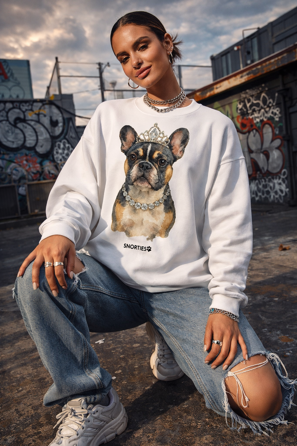 French Bulldog princess sweatshirt by Snorties featuring a cute princess design on soft fabric.