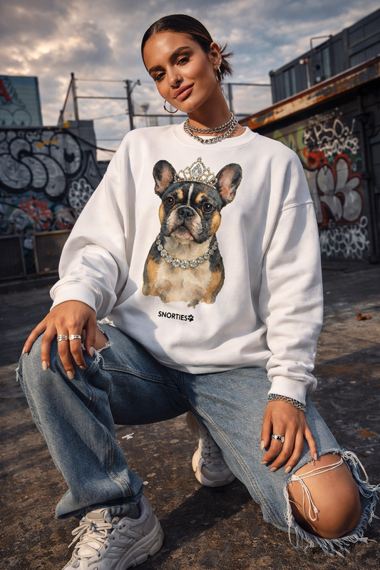 French Bulldog princess sweatshirt by Snorties featuring a cute princess design on soft fabric.