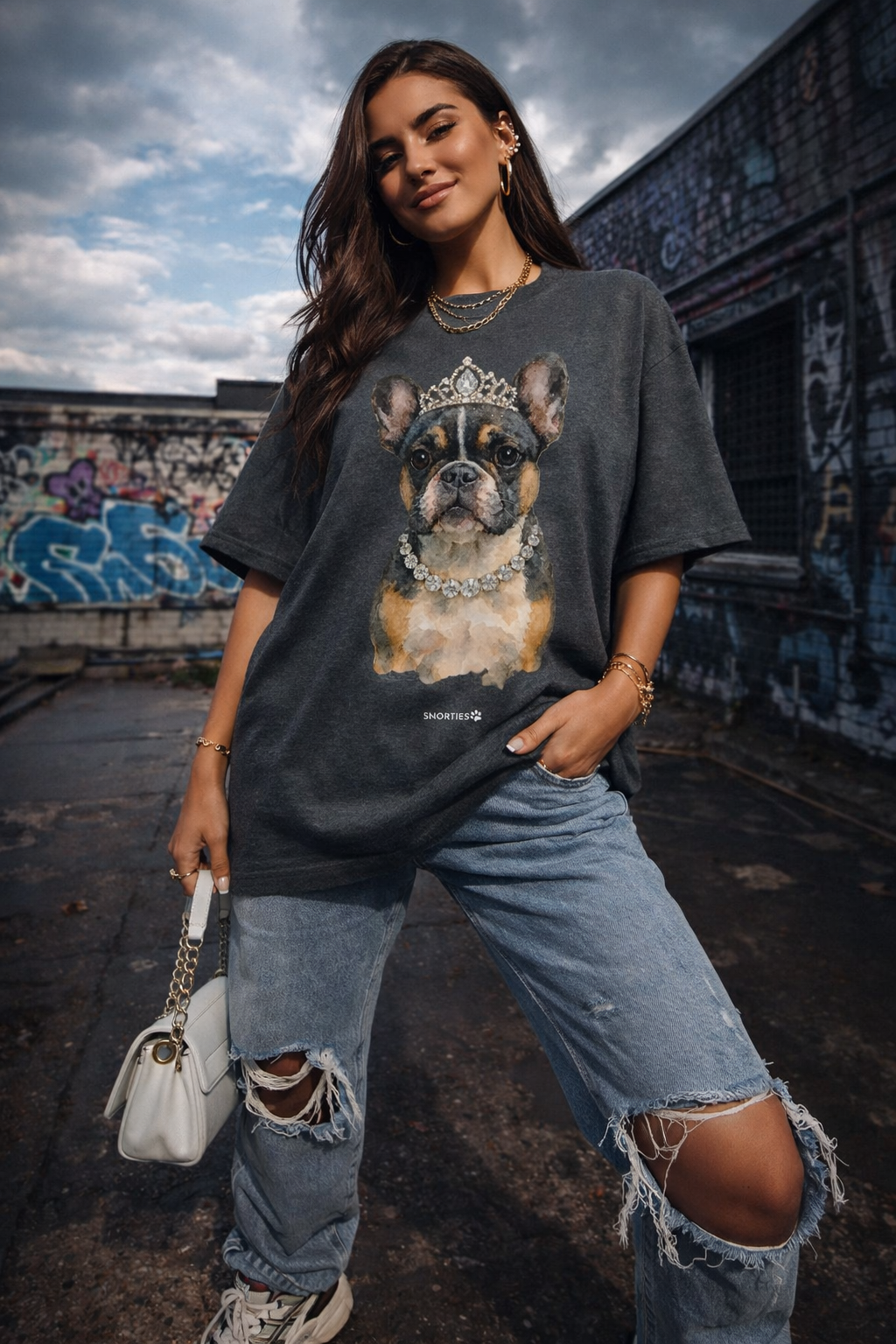 Pink oversized French Bulldog Princess T-shirt by Snorties featuring a cute French Bulldog with a crown and princess design.