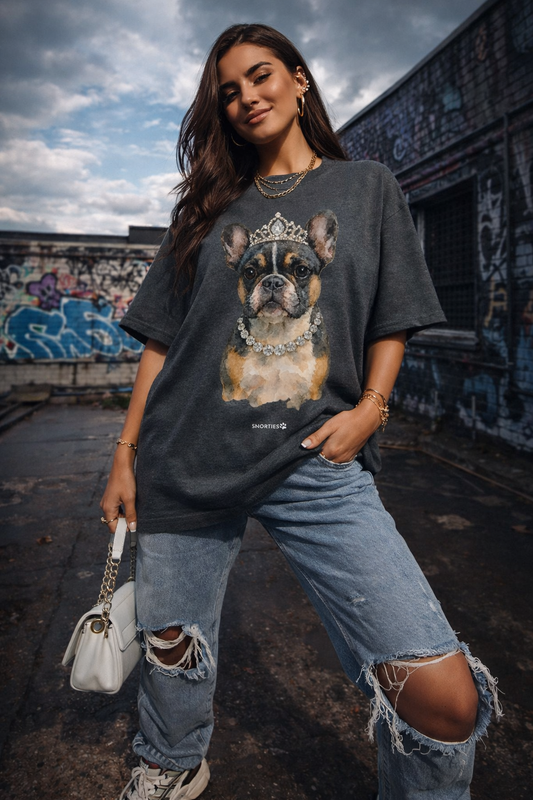 Pink oversized French Bulldog Princess T-shirt by Snorties featuring a cute French Bulldog with a crown and princess design.