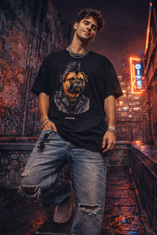 Snorties Bull Mastiff Punk Oversized T-Shirt featuring a bold graphic of a punk-style Bull Mastiff dog on a black fabric background.