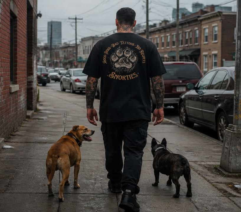 Oversized Snorties Good Dogs Bad Tattoos T-shirt featuring fun dog and tattoo graphic on soft cotton fabric